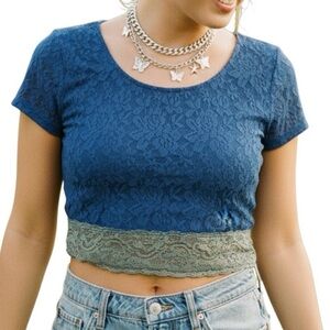 Frenchi Lace Crop Top Size XS Blue Coquette Sheer Festival Delicate Fairy Sheer